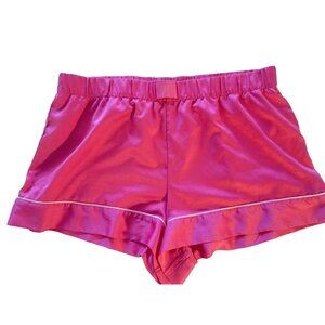 VICTORIA SECRET Size L Bed Shorts Hot Pink Satin Gold V White Piping Lingerie
